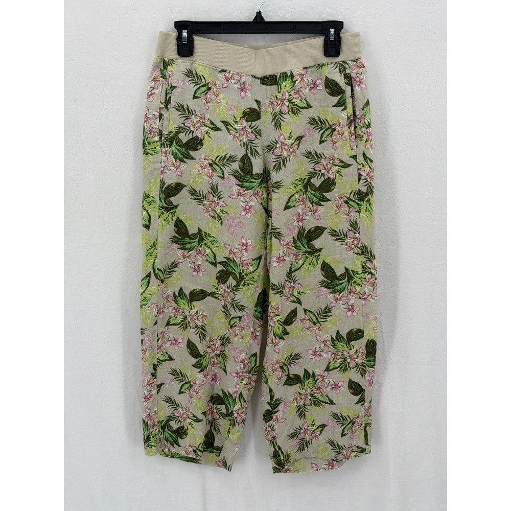J Jill Pants Womens XS Tan Love Linen‎ Floral Tropical Cropped Wide Leg Beach